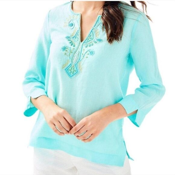 Lilly Pulitzer Amelia Island Linen Embroidered Tunic Top in Seasalt Blue - Picture 1 of 11